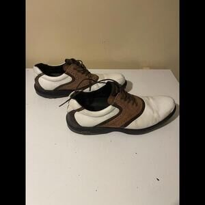 ECCO LEATHER SOFT SPIKED GOLF SHOES, WHITE / BROWN, SIZE EUR 45, US 11 - Read